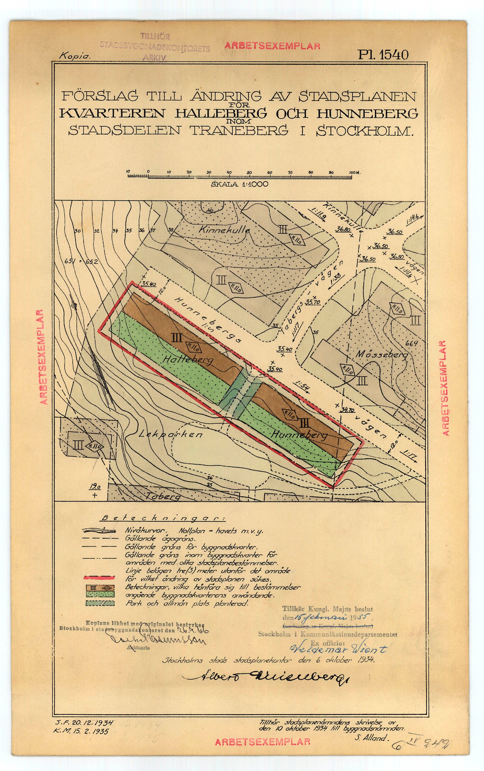 Stadsplan för kvarteren Halleberg och Hunneberg, Traneberg 1934
