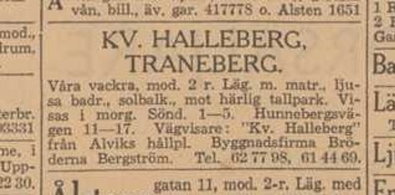 Annons i Dagens Nyheter: Kv. Halleberg, Traneberg - Vackra, moderna 2-rumslägenheter